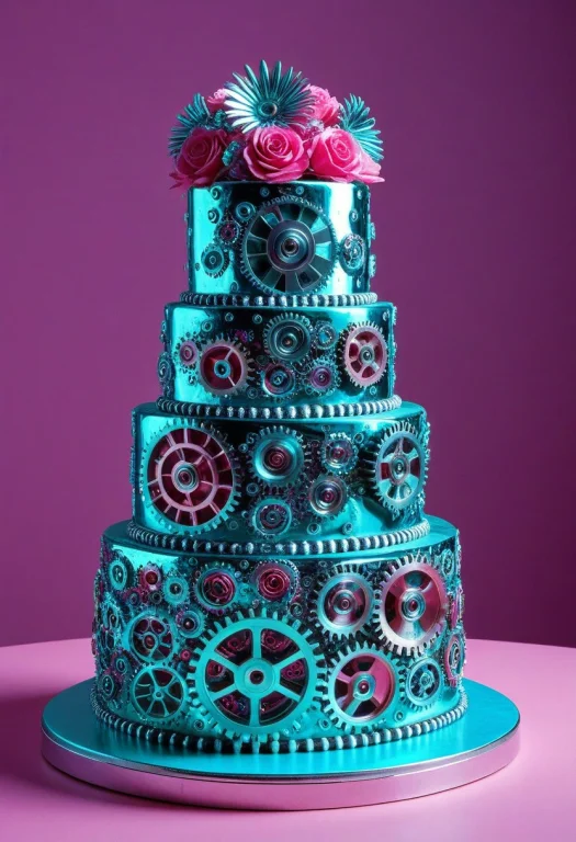 A Beautiful Cake Made Entirely Of Chrome And Iridescent Gear...