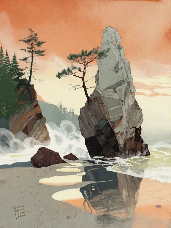 Bradhamel Art Style. A Serene Coastal Landscape At Dawn Or D...