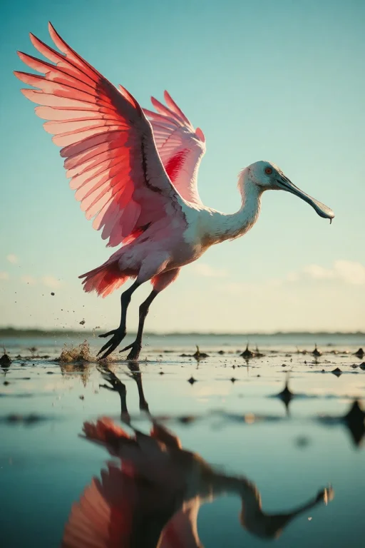 Nature, A Roseate Spoonbill Taking Off From A Shallow Florid...
