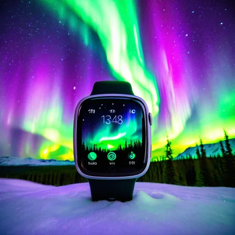 Loratech3auroraglowv10.80, Techaurora, A Smartwatch Against... — SDXL AI Prompt: , techaurora, a smartwatch against a glowing green-purple aurora borealis backdr...