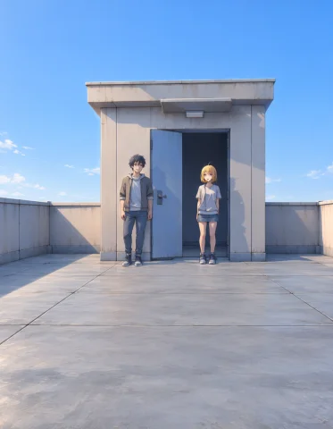 Loratraining2617621-20260928102825704-w1b01 Z1os, Two Anime... — Stable Diffusion AI Prompt: z1os, two anime characters talking on a simple rooftop, open space, soft daylig...