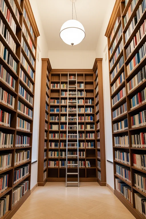 A Grand Library Hall With Mirrored Bookshelves On Both Sides...