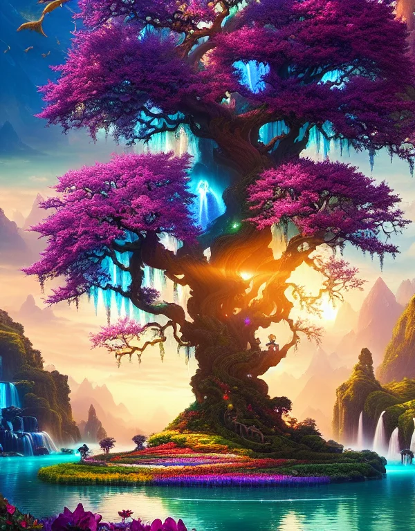 A Wide Shot Of The Tree Of Souls From Avatar, Colorful Flowe...