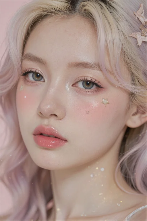 A Close-up Portrait Of A Woman With Soft Pastel Doll-like Ma...