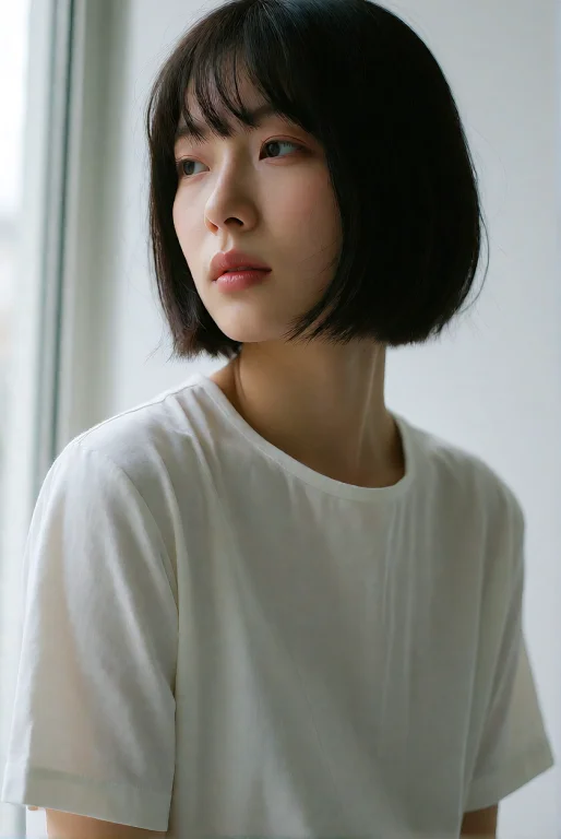 A Japanese Woman With A Sharp Bob Haircut In Ink Black Sits...