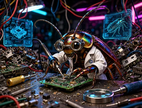 A Hyper-realistic Depiction Of A Cockroach Meticulously Repa... — Stable Diffusion AI Prompt: A hyper-realistic depiction of a cockroach meticulously repairing a futuristic e...