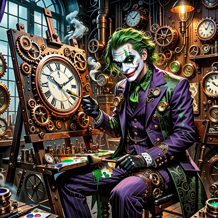 The Joker As A Steampunk Madman Sitting At A Mechanical Wood...