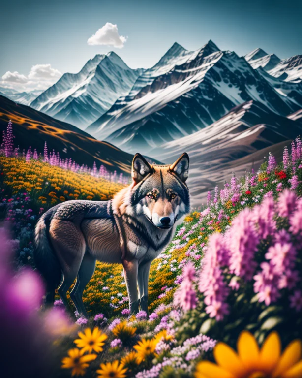 Professional Photos Of A Wolf Among Flowers, Mountains In Ba...