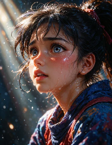 Hyperdetailed Cinematic Shot, Anime Character Portrait, Inte... — Stable Diffusion AI Prompt: hyperdetailed cinematic shot, anime character portrait, intense emotional climax...