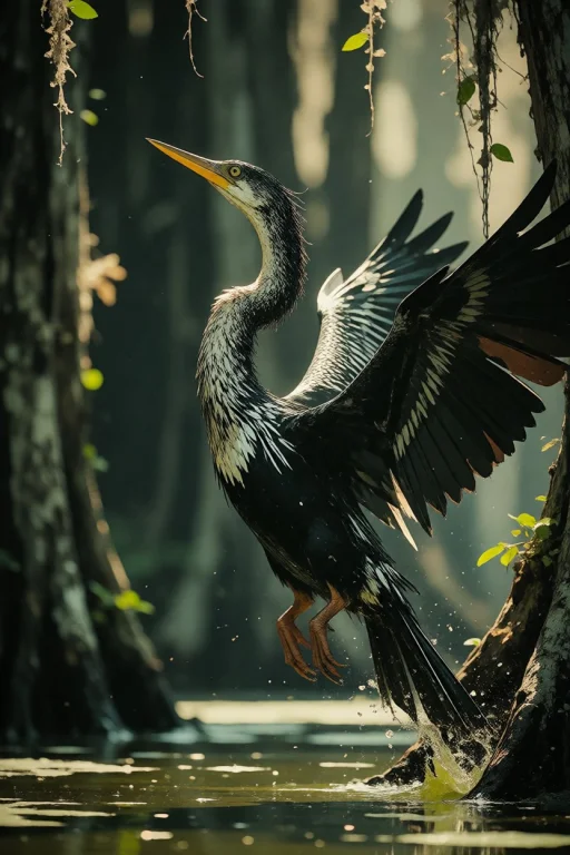 Nature, An Anhinga Exploding From A Cypress Slough Into Flig...
