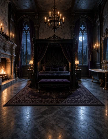 G0th1c M4ns10n, Photorealistic Frontal View Of An Opulent Go... — Stable Diffusion AI Prompt: G0th1c m4ns10n, photorealistic frontal view of an opulent gothic master bedroom...