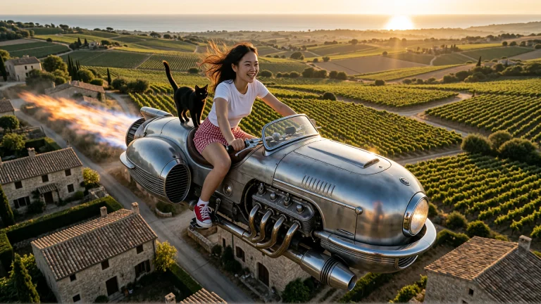 Cinematic Aerial Wide Shot Of A Joyful East-asian Woman, Kik...