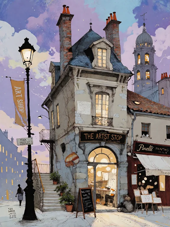 A Vibrant, Stylized Illustration Of A European Street Corner...