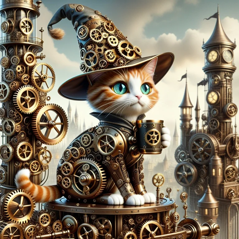 Gearstyle, Cute Cat Made Out Of Gears, Whimsical, Cartoon, V...
