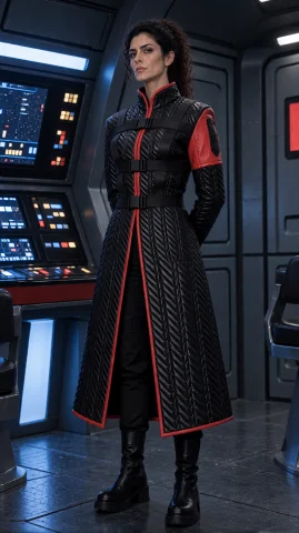 Pcmkrfml2 Woman, Three-quarter From Mid-thigh Up, Standing O... — Stable Diffusion AI Prompt: pcmkrfml2 woman, three-quarter from mid-thigh up, standing on a starship bridge,...