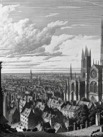 Concept-art, Engraving Of York Cathedral Overlooking The Cit... — Stable Diffusion AI Prompt: concept-art, engraving of York cathedral overlooking the city of York by Gustave...