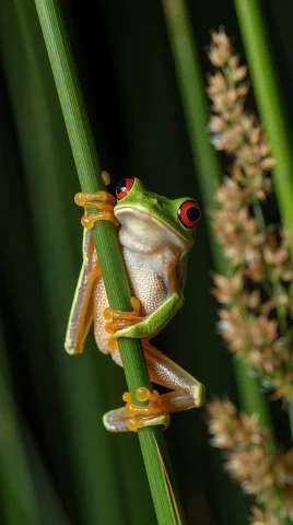Small Vibrant Green Frog With A Prominent Red Eye Clinging V... — Stable Diffusion AI Prompt: small vibrant green frog with a prominent red eye clinging vertically to a slend...