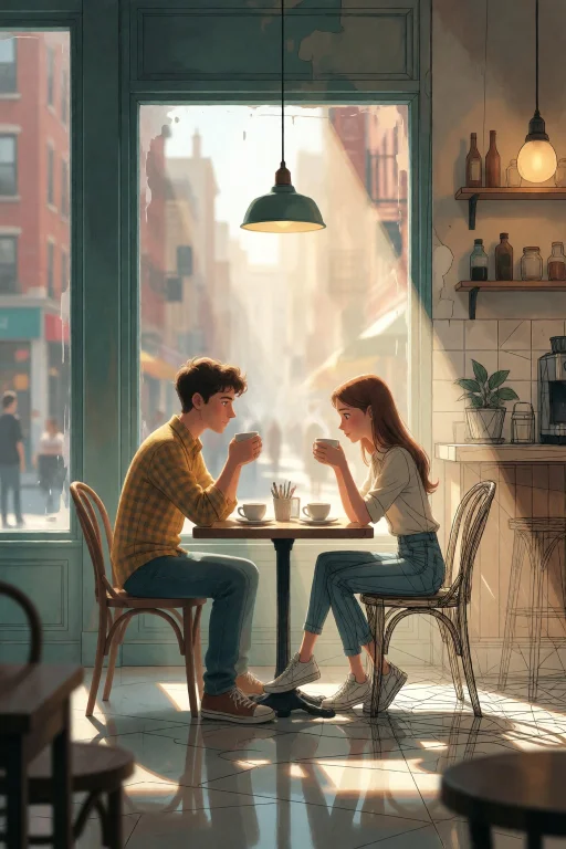 Strangedaal. A Young Couple Sits At A Cozy Cafe Table, Sippi...