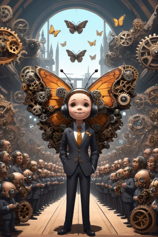 A Cute Butterfly Wearing A Wide Suit. Center Position, Busy...