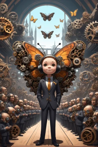 A Cute Butterfly Wearing A Wide Suit. Center Position, Busy... — SDXL AI Prompt: A cute butterfly wearing a wide suit. Center position, busy background, lots of...