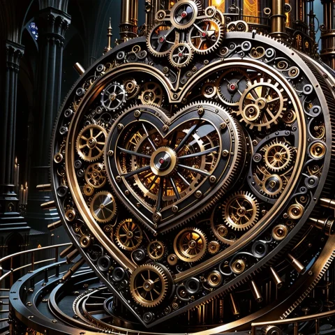 A Macro Close-up Of A Monumental Clockwork Heart, A Dark Fan... — SDXL AI Prompt: A macro close-up of a monumental clockwork heart, a dark fantasy mechanical mast...