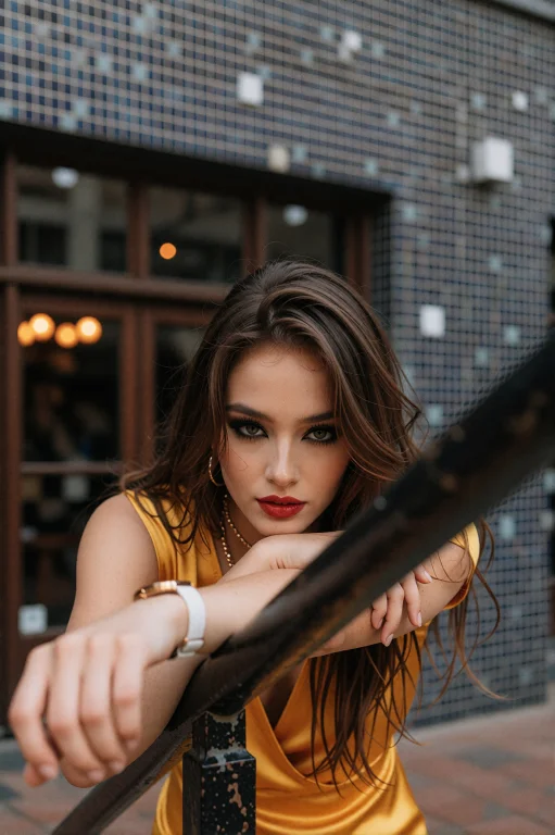 A Stylish Young Woman With Long Straight Dark-brown Hair Par...