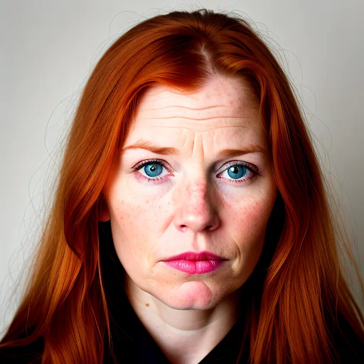 A Close Up Photo Portrait Of A Ginger Woman With A Serious L...