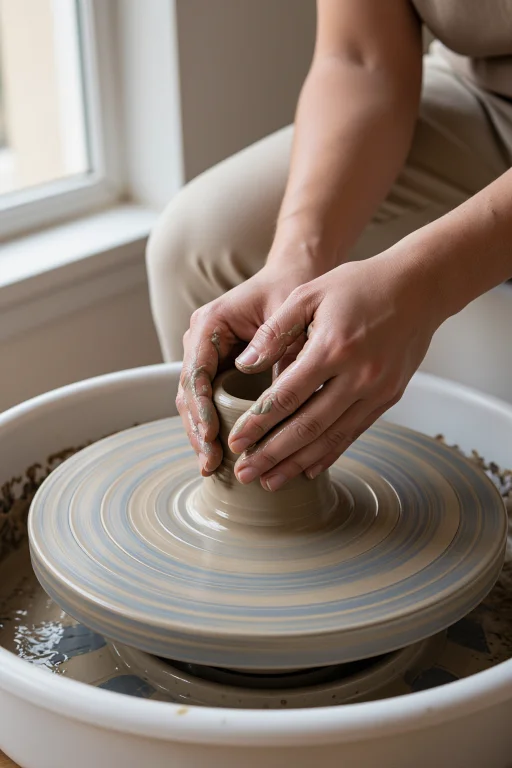 A Potters Hands Shaping Wet Spinning Clay On A Wheel, Slip O...