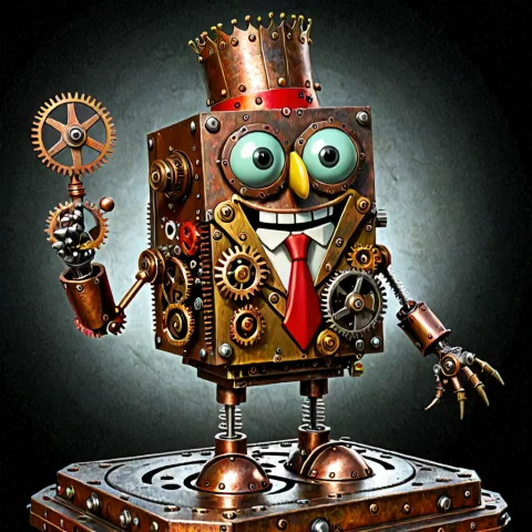 Steampunk Automaton Of Spongebob Squarepants Wearing His Ico... — SDXL AI Prompt: (Steampunk automaton of SpongeBob SquarePants wearing his iconic square pants, r...
