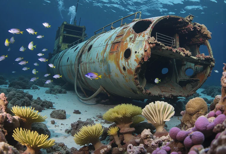 In The Depths Of The Ocean Lies An Old, Weathered Submarine,...