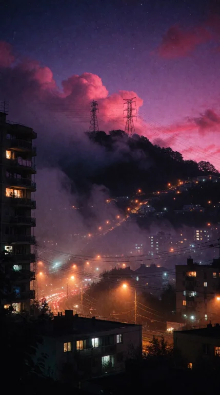 A Moody Twilight Cityscape Nestled Against A Steep, Fog-enve...