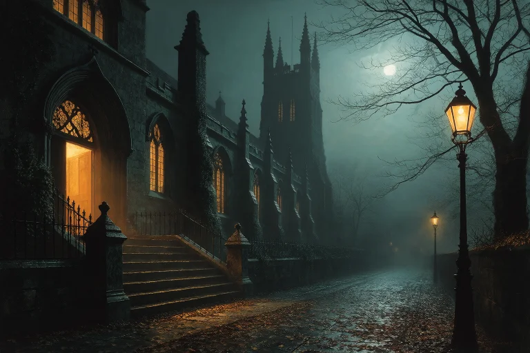Grimshaw Victorian Nightscape, Leaf-strewn Church Steps At N...