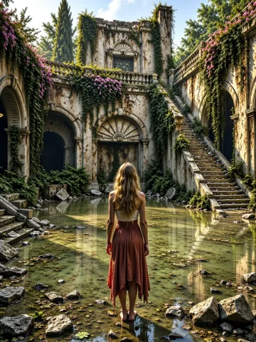 Hpoc, Hidden Post-apocalyptic Overgrowth Courtyard, Front Vi... — Stable Diffusion AI Prompt: HPOC, Hidden Post-apocalyptic Overgrowth Courtyard, front view of a blonde long...