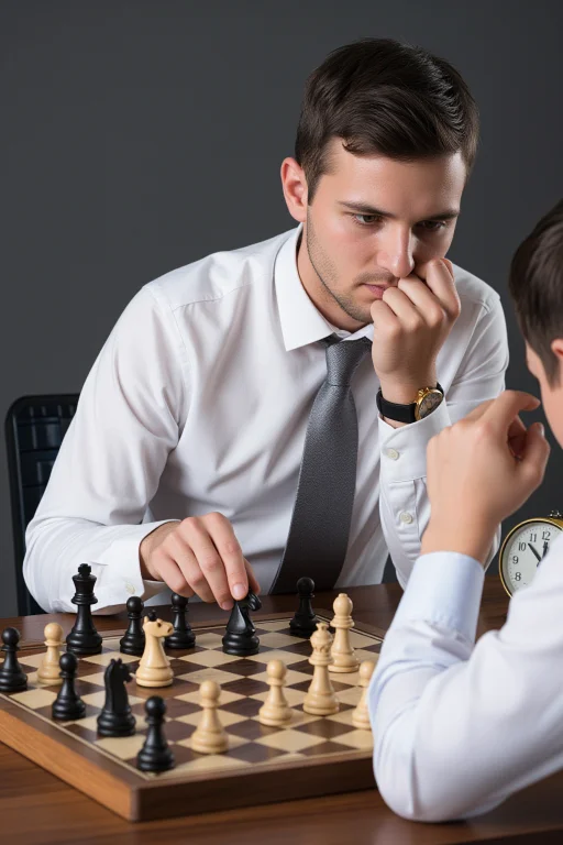 Two Chess Players Mid-game, One Hovering A Knight Over A Squ...