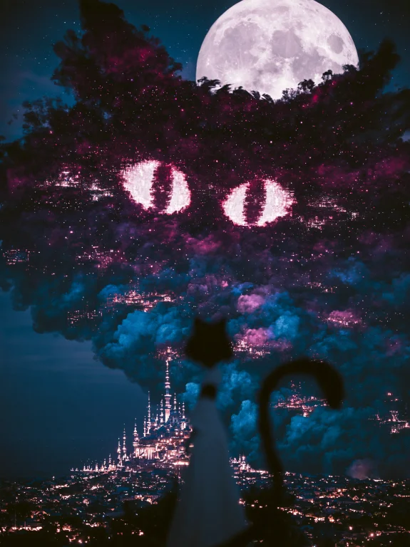 A Surreal Nocturnal Fantasy City Beneath An Enormous Glowing...