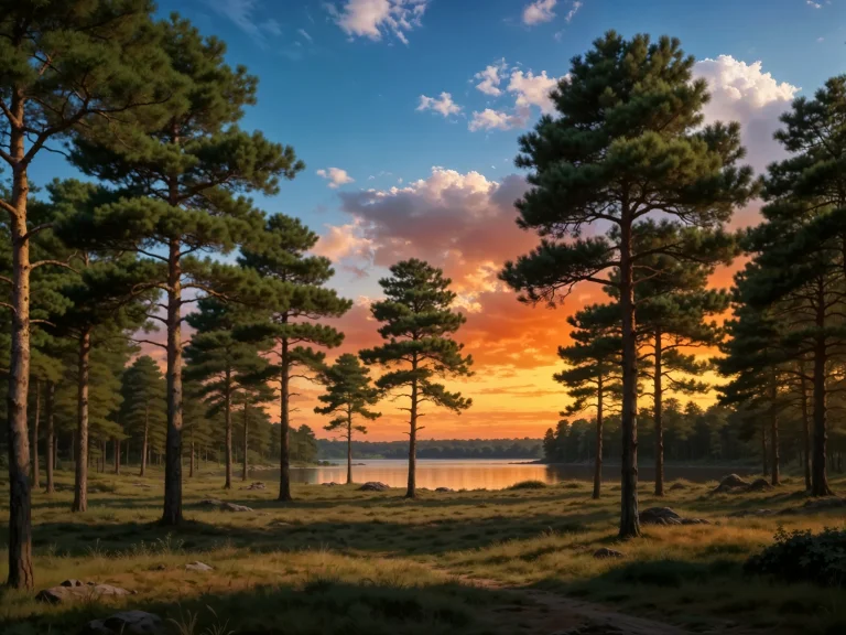 Pine Forest By Lake At Sunset Orange Sky Clouds Landscape Ph...
