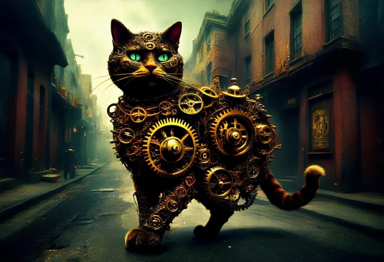 Photo-realistic Surreal Chaotic Steampunk Gear-encrusted Cat...