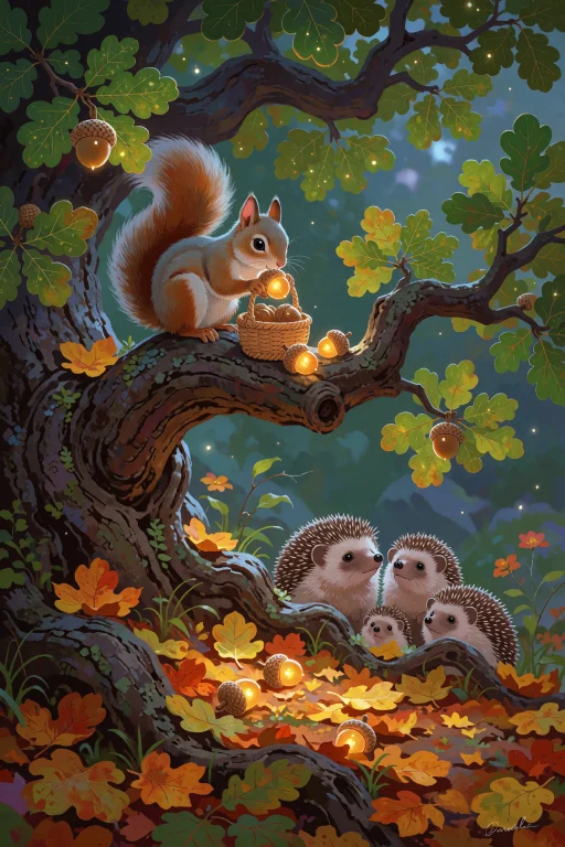 A Small Squirrel Perched On A Branch Of An Ancient Oak, Gath...
