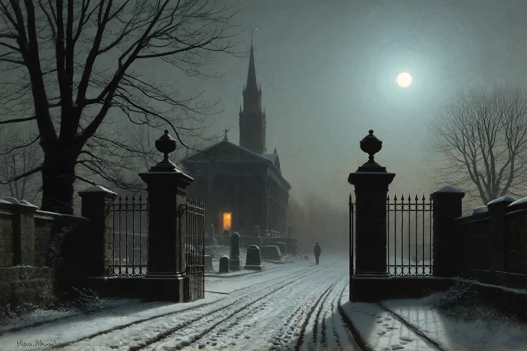 John Atkinson Grimshaw Style, Winter Dusk Cemetery Avenue Wi...