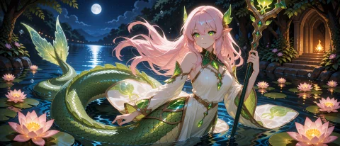 An Adult Lamia Woman With Pearl-pink Hair Floating As If Und... — Stable Diffusion AI Prompt: An adult lamia woman with pearl-pink hair floating as if underwater, luminous em...