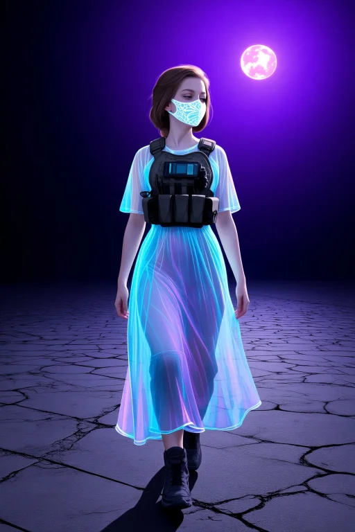 Woman In Translucent Tech-fabric Dress Layered Over Combat G...