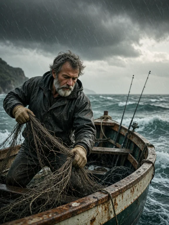 A Cinematic, Photorealistic Seascape Shows An Elderly Fisher...