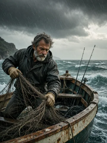 A Cinematic, Photorealistic Seascape Shows An Elderly Fisher... — Stable Diffusion AI Prompt: A cinematic, photorealistic seascape shows an elderly fisherman on a battered wo...