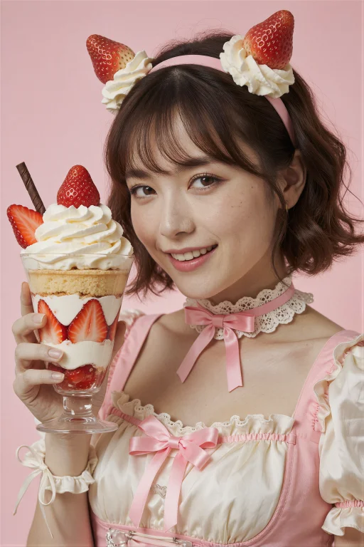 A Cute Woman Dressed As A Strawberry Parfait With Pink And C...