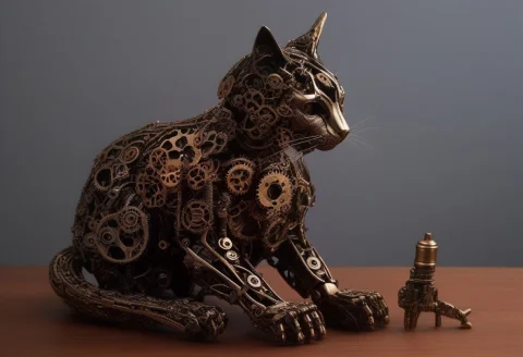 Gearstyle, Mechanical Cat1.3, Full Body, Sitting On The Edge... — SDXL AI Prompt: gearstyle, (mechanical cat:1.3), full body, sitting on the edge of a wooden desk...