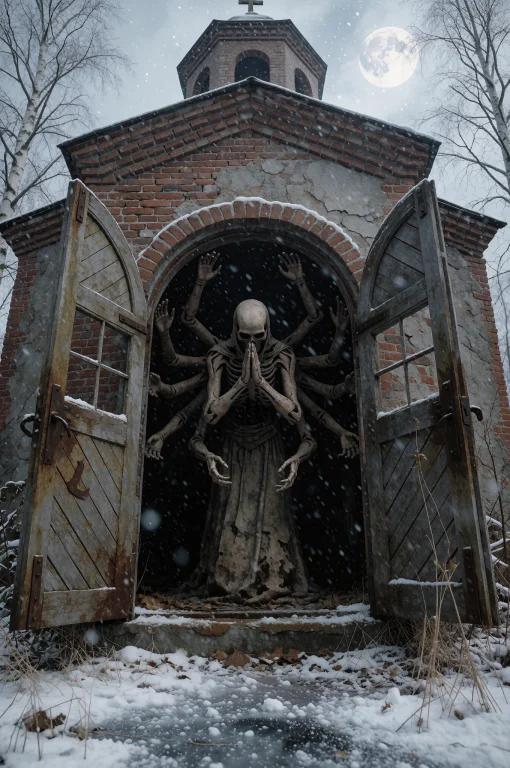 An Abandoned Chapel In The Middle Of A Frozen Lake, Its Door...