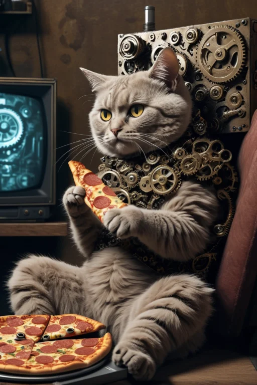 Cat Watching Tv And Eating Pizza.. . Gears, Made Of Gears, C...