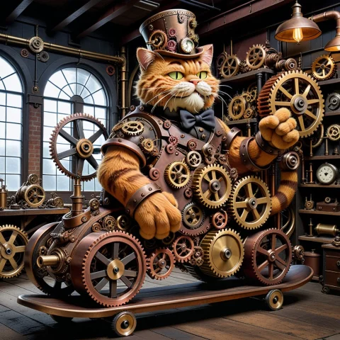 Interlocking Gears, Garfield Cat Constructed Entirely From L... — SDXL AI Prompt: interlocking gears, Garfield cat constructed entirely from layered brass, copper...