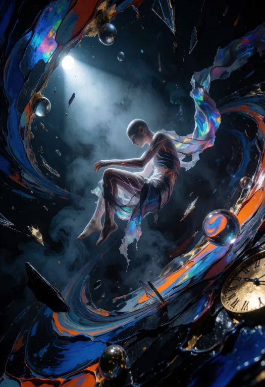 Solitary Floating Human Figure, Ethereal Translucent Skin, G...