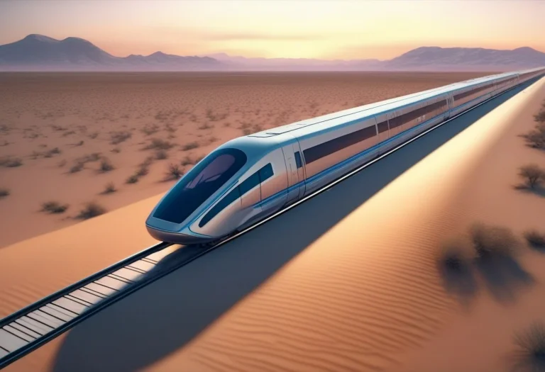 A Maglev Train Streaking Across A Desert Plain, Twilight Glo...
